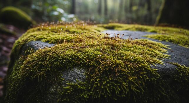 Close up of a moss covered rock in a lush green forest with soft diffused light filtering through the trees photo