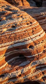 Close up of vibrant sandstone layers in a desert landscape illuminated by warm sunlight creating a textured abstract pattern photo