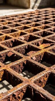 Close up view of a weathered and rusty metal grate with a geometric pattern of squares under bright sunlight photo