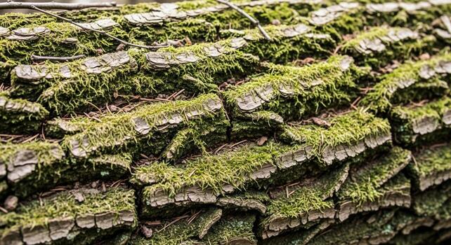 Close up view of rough textured tree bark covered in vibrant green moss and lichen creating a natural organic pattern photo