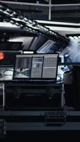 Vertical Chroma key monitor in space station surrounded by high tech equipment tracking analytics. Isolated screen display enabling real time mission control and spacecraft hardware troubleshooting video