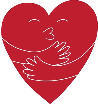 Charming and expressive red heart character hugging itself and blowing a kiss with closed eyes, vector