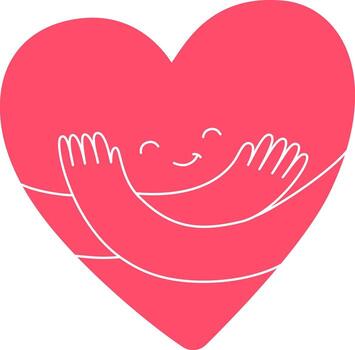 Cute and stylized pink heart character hugging itself with simple lines and a sweet smiling face, vector