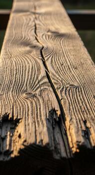 Close up of weathered aged wooden plank with prominent grain patterns and a deep crack showing its rustic texture photo