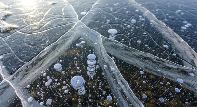 Intricate patterns of frozen bubbles and cracks form a mesmerizing abstract texture on a winter ice surface photo