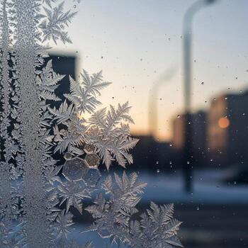 intrincado escarcha patrones floración en un ventana cristal en contra un suave puesta de sol cielo y borroso urbano antecedentes foto