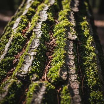 Close up view of rough tree bark covered in vibrant green moss illuminated by dappled sunlight in a forest setting photo