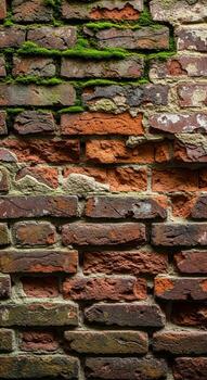 cerca arriba ver de un resistido Envejecido ladrillo pared con parches de verde musgo y visible textura foto