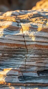Close up abstract view of a cracked weathered wooden surface with warm sunlight illuminating its textured layers and grain patterns photo