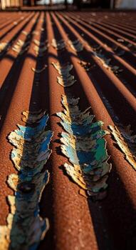 cerca arriba de resistido acanalado metal techo con peladura pintar y fuerte oscuridad creando un texturizado resumen modelo foto