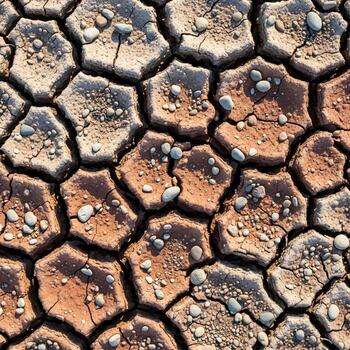 Close up view of cracked dry earth with small pebbles scattered across the textured hexagonal patterns photo