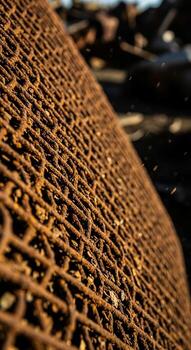 Close up view of weathered rusty metal mesh with a textured surface and blurred background photo