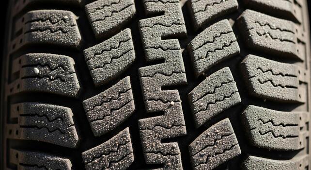 Close up view of a worn tire tread pattern with deep grooves for traction on various surfaces photo