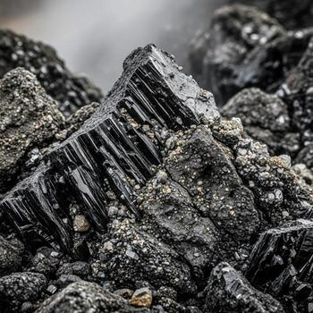 Close up view of rough dark jagged mineral rock formations with hints of green moss and a hazy background photo