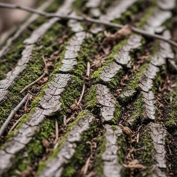 Close up view of textured tree bark with patches of green moss and small twigs showcasing natural patterns and organic details photo