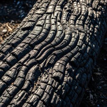 Close up of a weathered and charred tree trunk revealing deep textured bark patterns and organic lines photo