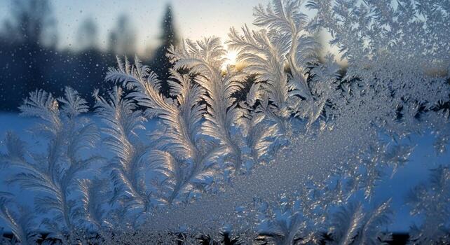 Intricate frost patterns bloom on a windowpane illuminated by the soft glow of the setting winter sun photo