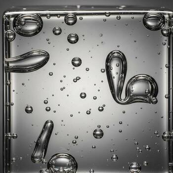 Abstract macro photograph capturing the dynamic movement and unique shapes of air bubbles suspended within clear liquid photo