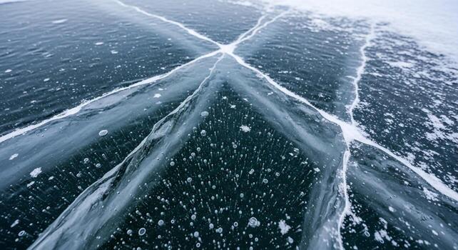 Intricate network of cracks on a frozen surface revealing deep blue hues and tiny bubbles trapped within photo