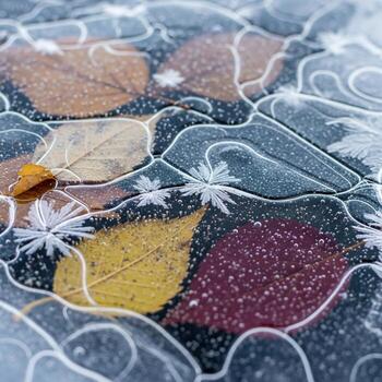 Autumn leaves frozen in ice with delicate frost patterns creating a beautiful winter nature abstract photo