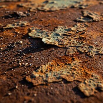 Close up view of weathered and peeling rust on a metallic surface showing intricate textures and earthy tones photo