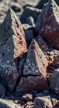 Close up view of rough angular volcanic rocks with a reddish brown hue showcasing their textured surfaces and sharp edges photo