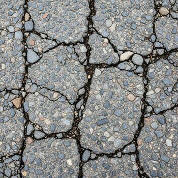 Close up view of weathered asphalt pavement with deep cracks and exposed aggregate revealing its textured surface photo