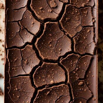 Close up macro view of a dark chocolate bar with a cracked textured surface and visible cocoa nibs and sugar crystals photo