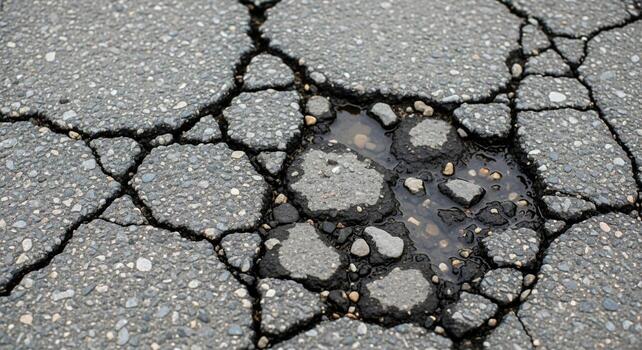 Close up view of a large deep pothole with intricate spiderweb cracks spreading across weathered asphalt pavement photo