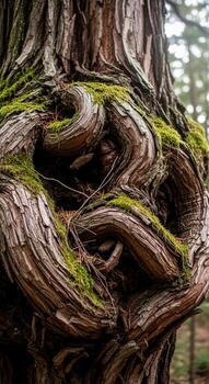 Intricate bark patterns and moss adorn a twisted tree trunk in a forest setting photo