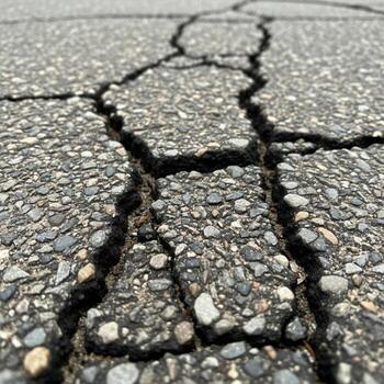 Close up view of a weathered asphalt road surface with deep jagged cracks and exposed aggregate showing signs of wear and tear photo