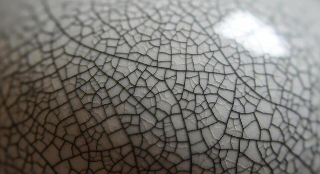 cerca arriba macro ver de intrincado multa negro crepitar vidriar patrones en un cerámico superficie con sutil ligero reflexiones foto