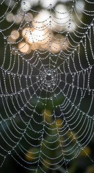 Intricate spiderweb adorned with dewdrops reflecting soft bokeh lights in a dark natural setting photo