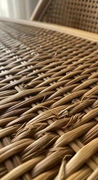 Close up view of a tightly woven natural rattan or wicker texture creating a warm organic and rustic surface pattern photo