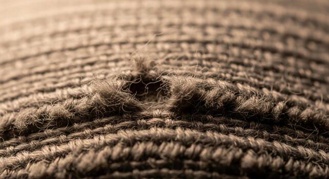 Close up macro view of a worn and damaged woven fabric with a small hole and frayed threads showing texture photo