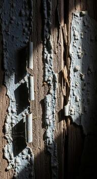 Sunlight illuminates textured bark and weathered wood revealing intricate patterns and deep shadows in a natural abstract composition photo