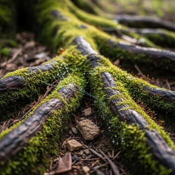 Macro view of ancient tree roots covered in vibrant green moss showcasing nature s intricate patterns and textures on the forest floor photo