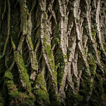 cerca arriba texturizado ver de áspero árbol ladrar con parches de vibrante verde musgo creciente en sus superficie foto