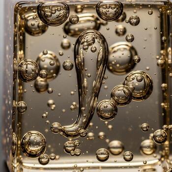 Abstract macro photograph captures golden oil bubbles suspended within a clear liquid creating a mesmerizing visual texture photo