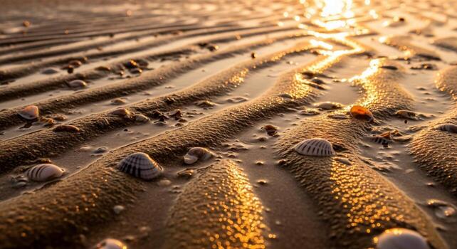 Close up view of rippled sand patterns on a beach at sunset with small shells and pebbles scattered across the textured surface photo