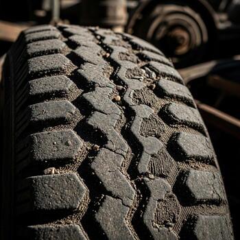 Close up macro shot of a heavily worn and dirty truck tire tread with a rugged deep pattern showing signs of extensive use and age photo