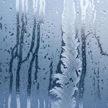 Close up view of condensation on a window pane with water droplets and streaks creating an abstract textured background effect photo