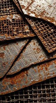 Close up abstract view of overlapping weathered and rusted metal mesh panels with a gritty textured surface photo