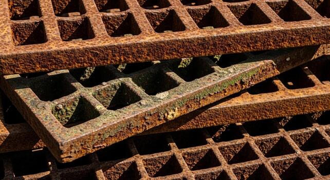 Close up view of weathered and rusty metal grates stacked together showing intricate geometric patterns and textures photo