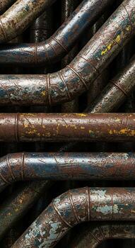 Close up view of a complex network of old weathered industrial pipes showing signs of rust and decay in a dimly lit environment photo