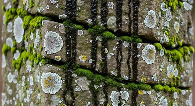 Close up view of a tree trunk showcasing intricate patterns of green moss and pale lichen growth on rough bark photo
