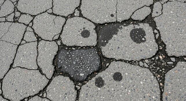 cerca arriba resumen ver de severamente agrietado y resistido asfalto pavimento con visible agregar y oscuro parches foto