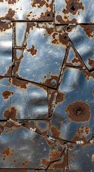 Close up abstract texture of weathered corrugated metal sheets with patches of rust and a reflective blue grey surface photo
