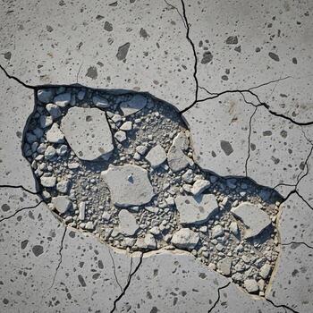 Close up abstract view of a cracked concrete surface revealing broken aggregate and underlying debris creating a textured pattern photo