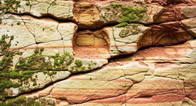 cerca arriba texturizado ver de resistido arenisca acantilado cara demostración en capas estriaciones y parches de verde musgo foto